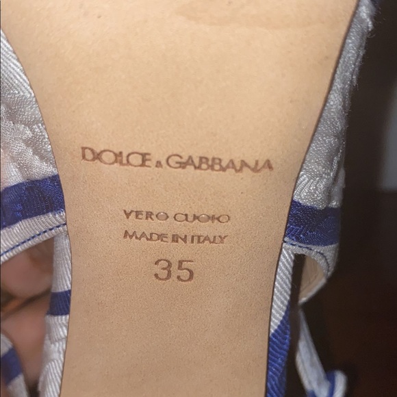 Dolce & Gabbana Blue and White Stripe Brocade Fabric Pointed Toe Sandals - Picture 6 of 11